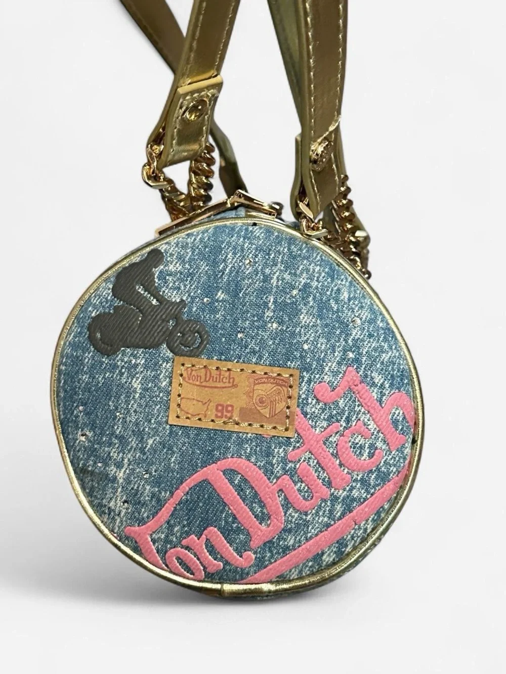 Von Dutch Blue Denim Barrel Bag with Gold Handles and Colorful Patches